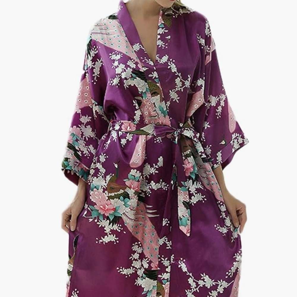 Kimono Womens Purple Floral Peacock Print Long Kimono Belted Robe Pockets Size L